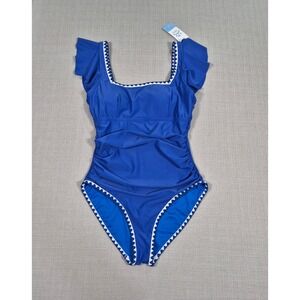 Sunshine Blue Ruched One Piece Swimsuit Ruffle Trim Tummy Control‎ Medium NWT